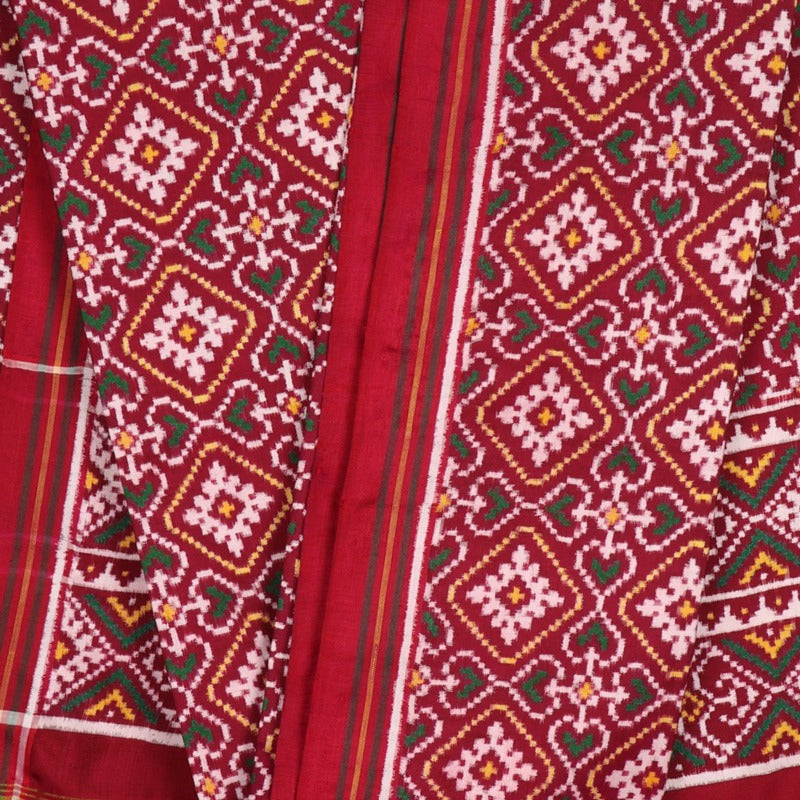 Handwoven Vermilion Red Navaratna Motif Patan Patola Dupatta - WIIPP071 - Full View