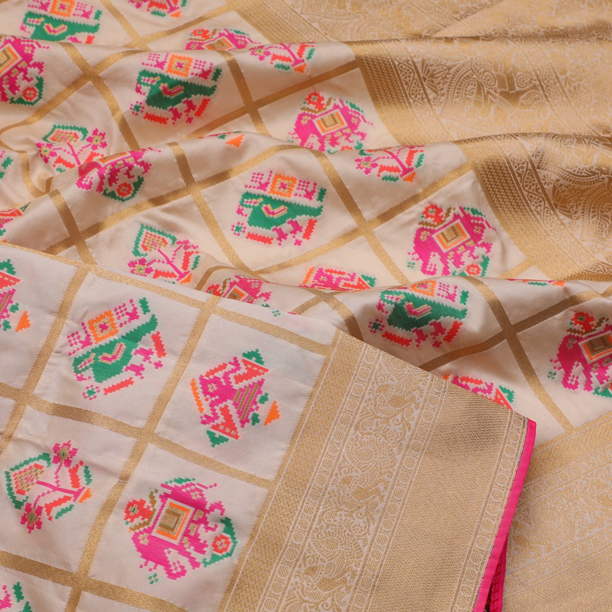 Ecru Patola Banarasi Silk Saree - WeaveinIndia