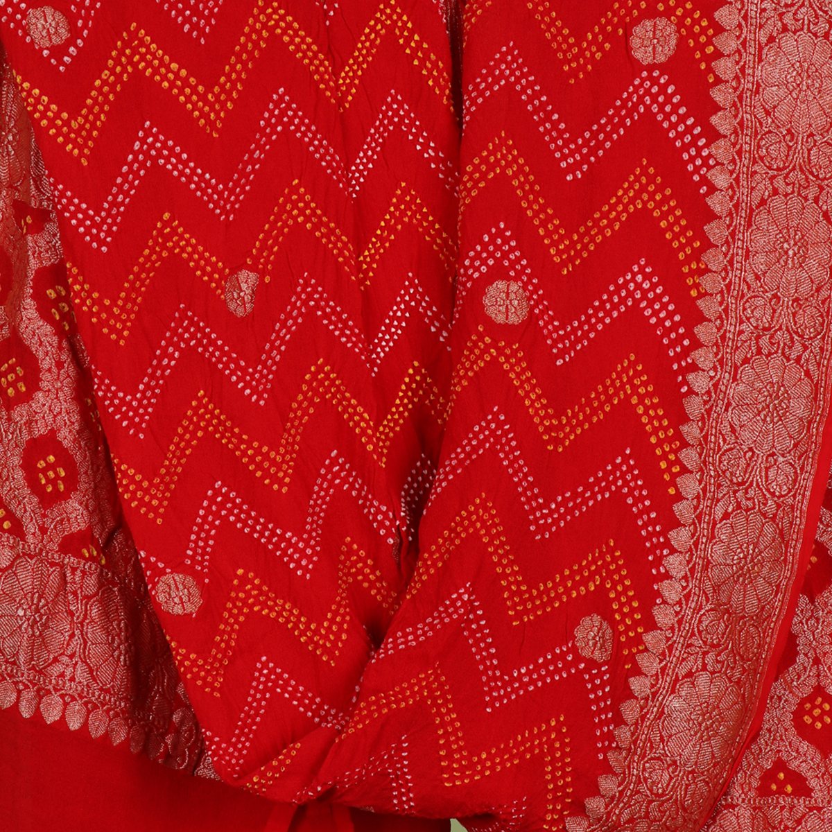 Handwoven Chilli Red Banarasi Bandhini Dupatta  - WIIPRK0020 - Design View