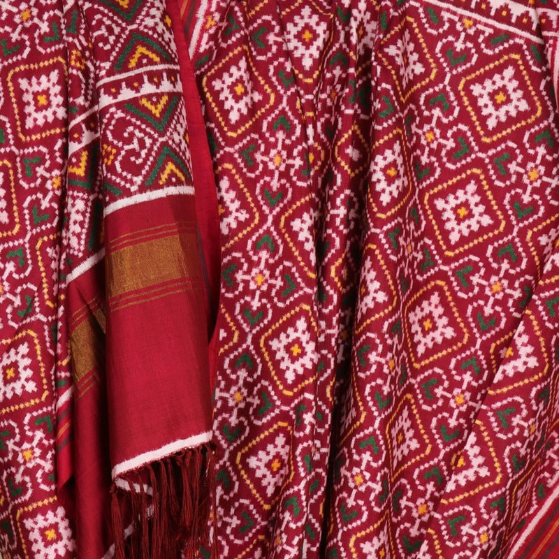 Handwoven Vermilion Red Navaratna Motif Patan Patola Dupatta - WIIPP071 - Design View