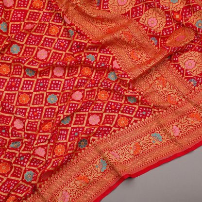 Bright Red Patola Bandhani Dupatta - WeaveinIndia