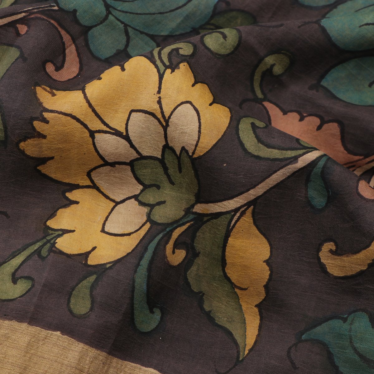 Handwoven Taupe Kalamkari Silk Sari-WIIGS058- Fabric View