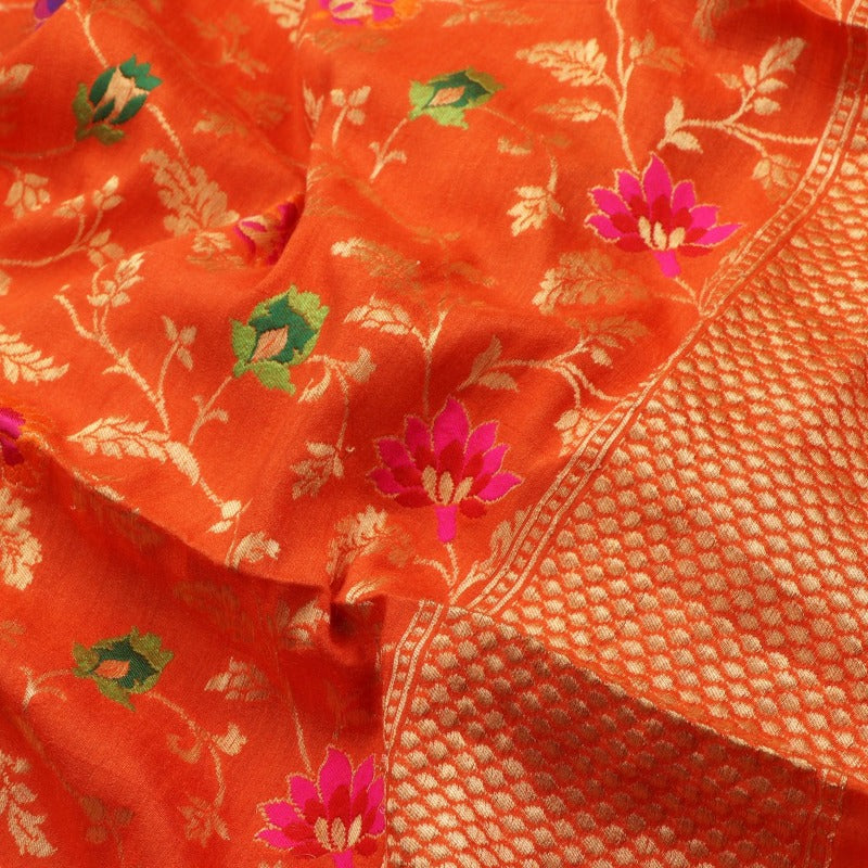 Handwoven Orange Katan Silk Meenakari Banarasi Dupatta - WIIRJ0186 - Fabric View