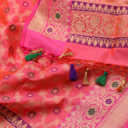 Handwoven Baby Pink Banarasi Katan Silk Dupatta - WIIRJ11217107 - Fabric View