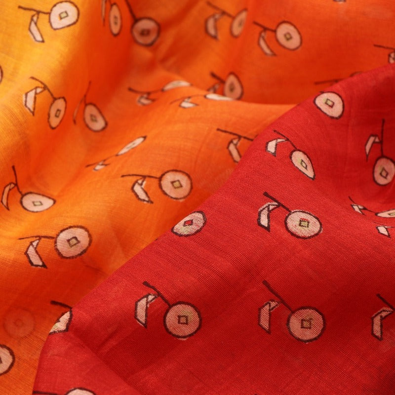 Handwoven Tangerine Orange Printed Silk Cotton Chanderi Sari - WIIAPRI CPSR0005 - Design View