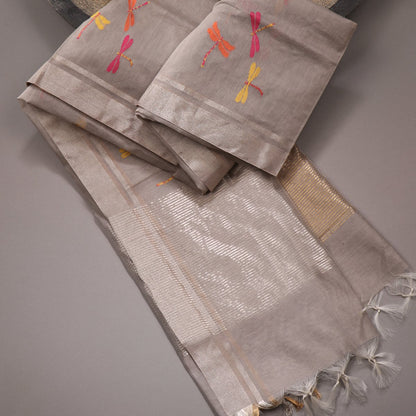 Handwoven Cloud Grey Dragonfly Silk Cotton Chanderi Dupatta - WIIAPRI CWMD 7 - Design View