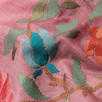 Handwoven Onion Pink Tussar Silk Sari Sari - WIISHNIKARIDNAM0108 - Fabric View