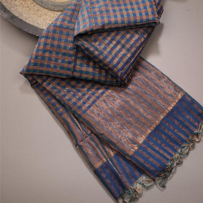 Handwoven Gold and Navy Blue Checks Silk Cotton Chanderi Dupatta - WIIAPRI CCSD 02 - Cover View