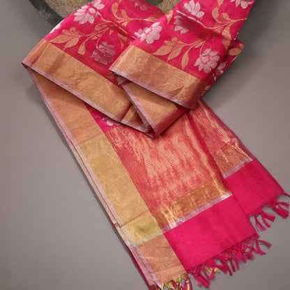 Handwoven Ecru Foliate Printed Silk Cotton Dupatta - WIIAPRI CFJD 005 - Design View