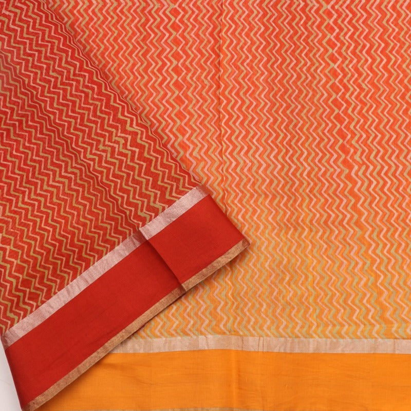 Handwoven Tangerine Orange Printed Silk Cotton Chanderi Sari - WIIAPRI CPSR0005 - Blouse View