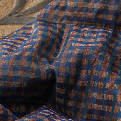 Handwoven Gold and Navy Blue Checks Silk Cotton Chanderi Dupatta - WIIAPRI CCSD 02 - Fabric View