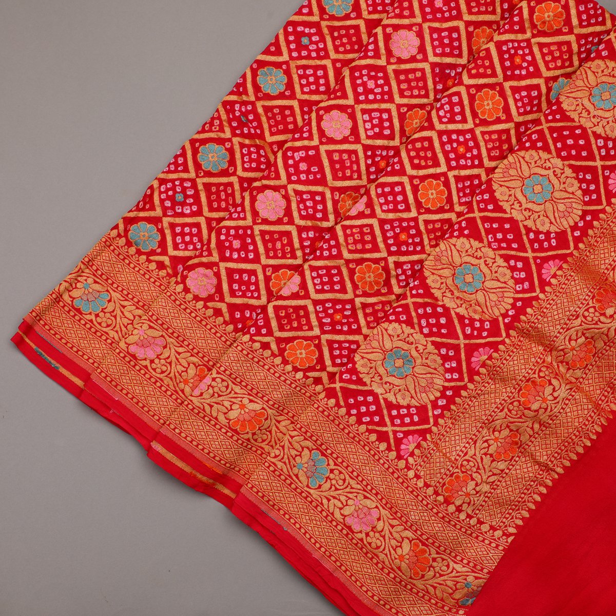 Bright Red Patola Bandhani Dupatta - WeaveinIndia