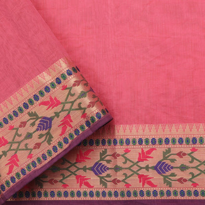 Handwoven Coral Pink Kora Silk Sari - WIISHNIKARIDNAM045 - Blouse View