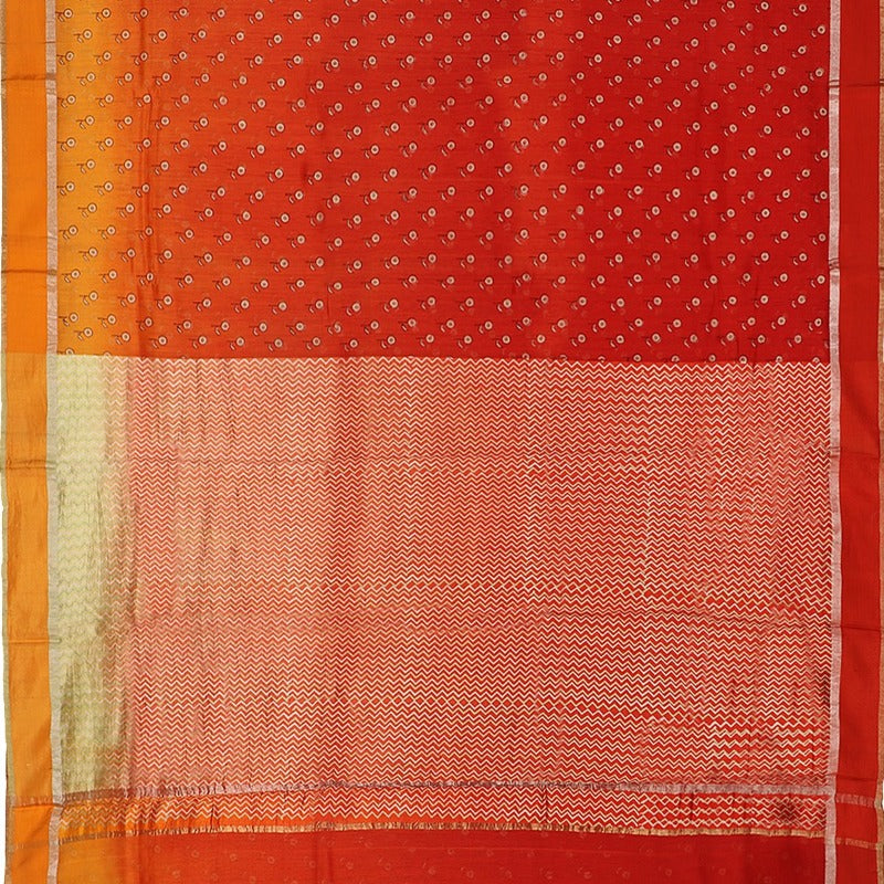 Handwoven Tangerine Orange Printed Silk Cotton Chanderi Sari - WIIAPRI CPSR0005 - Full View