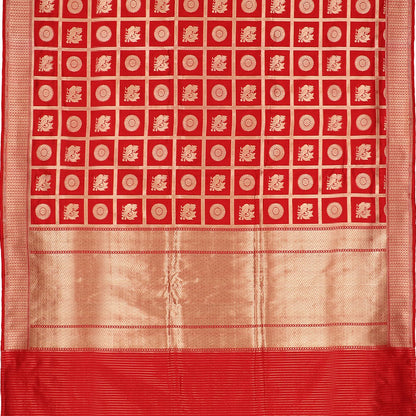 Handwoven Cherry Red Banarasi Katan Silk Sari - WIIKBDA0014 - Full View