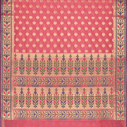 Handwoven Coral Pink Kora Silk Sari - WIISHNIKARIDNAM045 - Full View