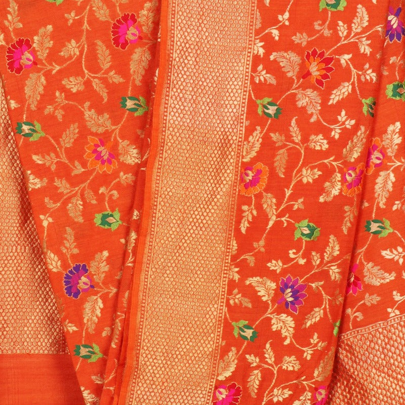 Handwoven Orange Katan Silk Meenakari Banarasi Dupatta - WIIRJ0186 - Full View