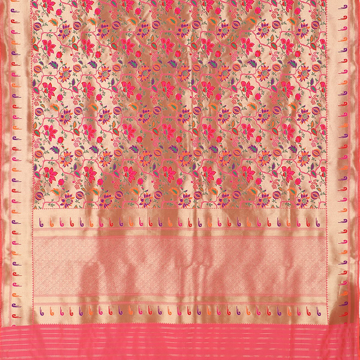 Handwoven Bright Coral Pink Paithani Sari - WIISHNIKARIDNAM0086 - Full View