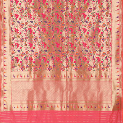 Handwoven Bright Coral Pink Paithani Sari - WIISHNIKARIDNAM0086 - Full View