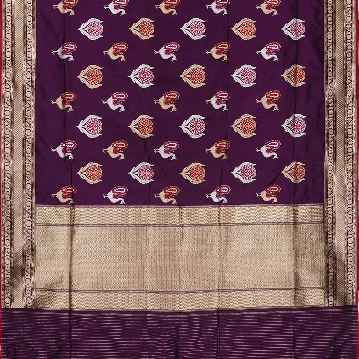 Handwoven Aubergine Purple Banarasi Katan Silk Dupatta - WIIBT0104 - Design View