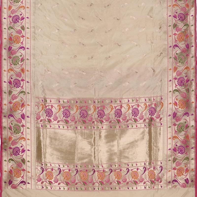 Handwoven Ecru Banarasi Paithani Floral Foliate Silk Sari - WIIRJ990002 - Full View