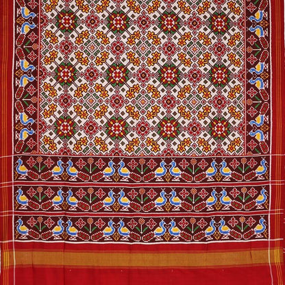 Handwoven Madder Red and White Navaratna Patan Patola Sari - WIITNKP007 - Full View