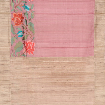 Handwoven Onion Pink Tussar Silk Sari Sari - WIISHNIKARIDNAM0108 - Full View