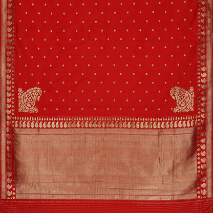 Handwoven Cherry Red Banarasi Cotton Silk Sari - WIIBT0020 - Full View