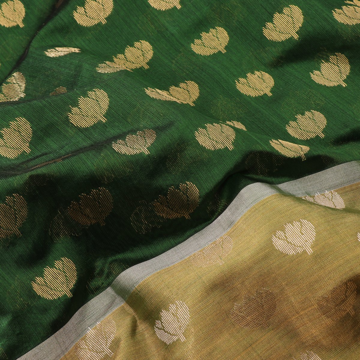 Handwoven Bottle Green Mogra Motif Chanderi Silk Sari - WIIHSBH001C - Design View