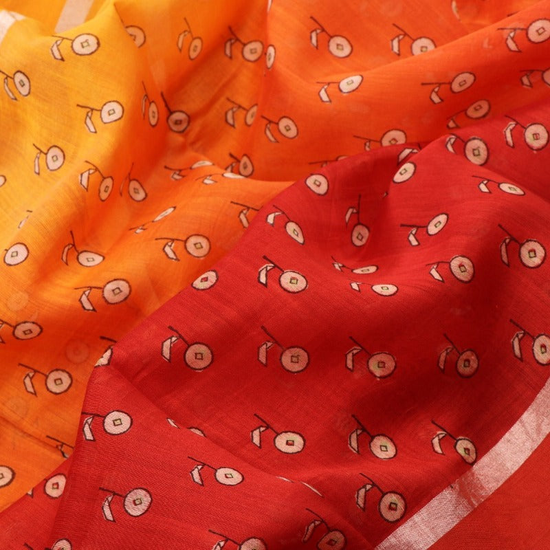 Handwoven Tangerine Orange Printed Silk Cotton Chanderi Sari - WIIAPRI CPSR0005 -  Fabric View