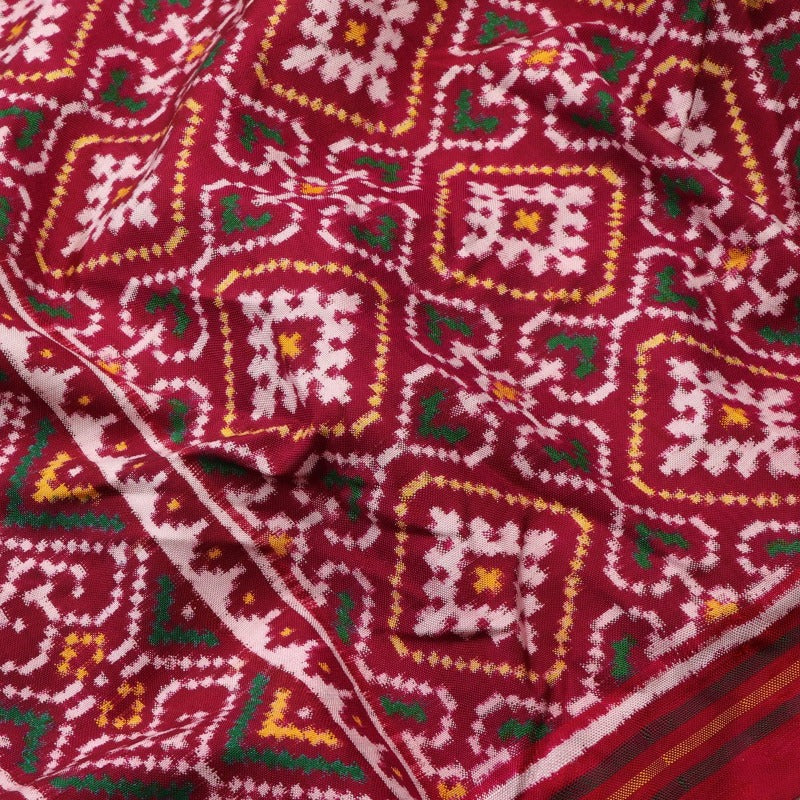 Handwoven Vermilion Red Navaratna Motif Patan Patola Dupatta - WIIPP071 - Fabric View