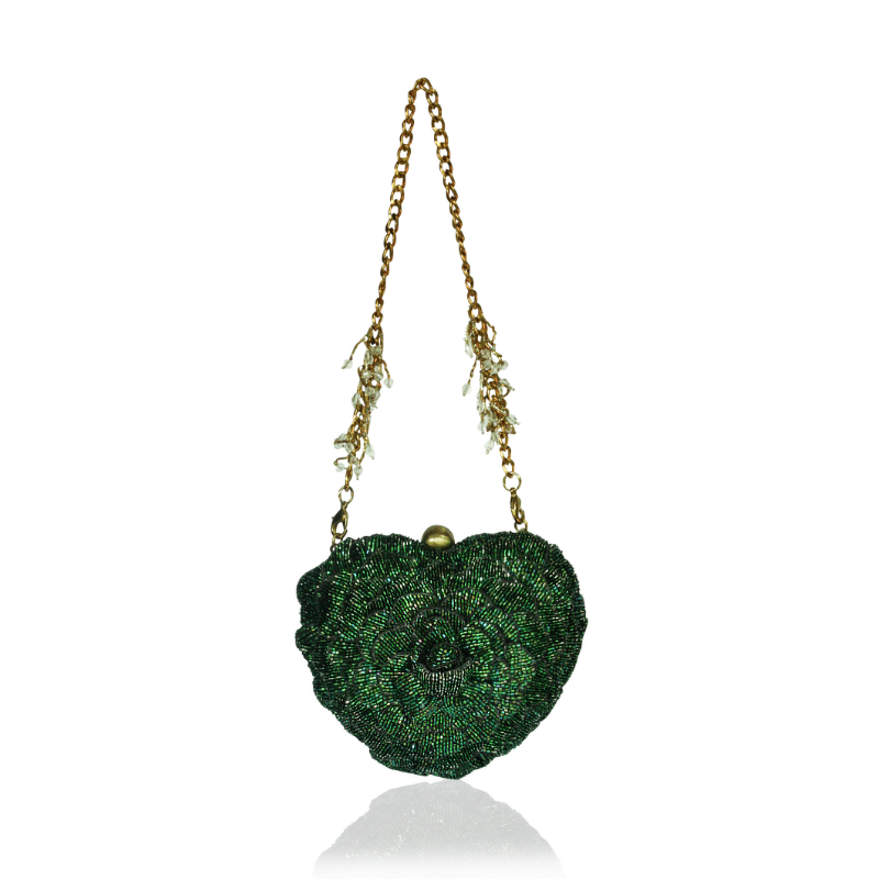 ISA BEADED HEART CLUTCH -GREEN