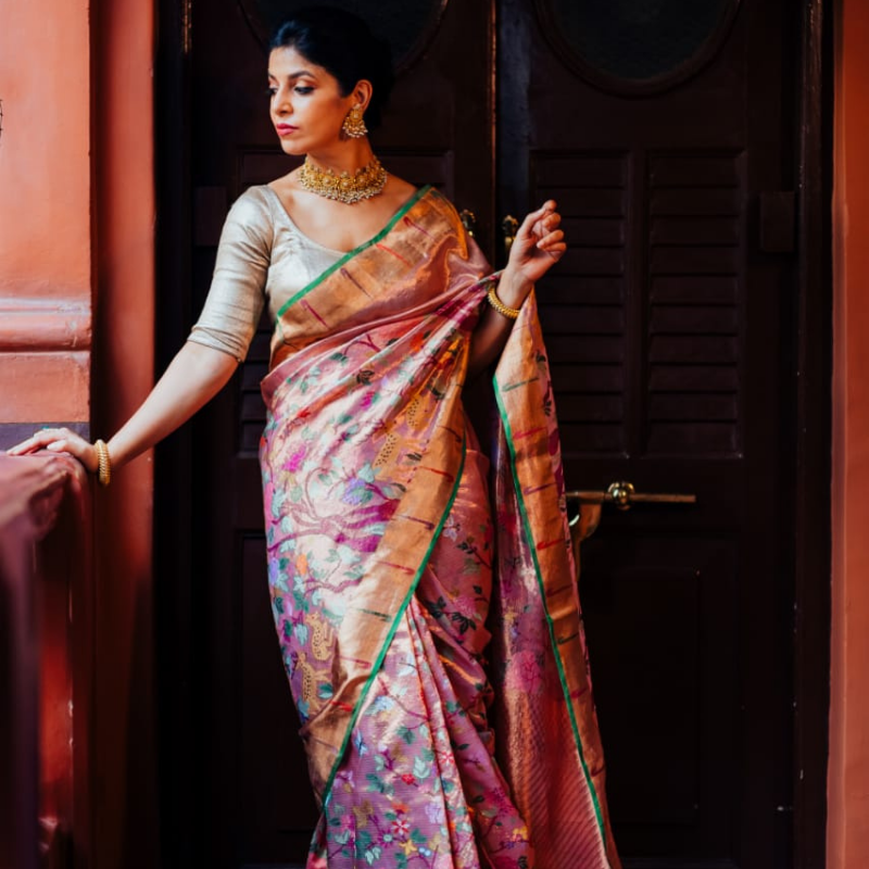 Sunehri Rose Gold Kota Silk Saree