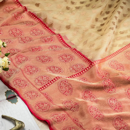 Ivory Banarasi Kora Silk Saree