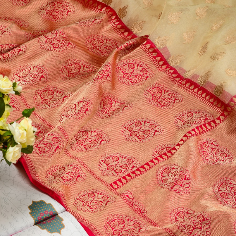 Ivory Banarasi Kora Silk Saree