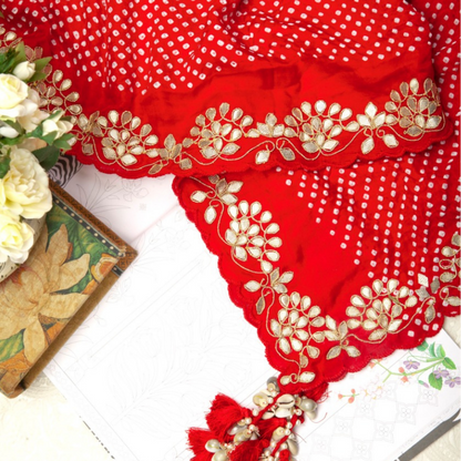 Hand Embroidered Red Bandhani With Gota Patti Dupatta