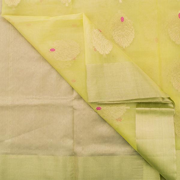 Handwoven Lime Green Chanderi Sari - WIIHSBHARIDNAM010B - Body View