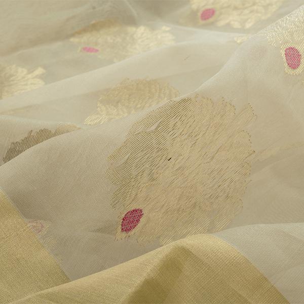 Handwoven Beige Royal Chanderi Silk Sari - WIIHSBHARIDNAM010A - Fabric View