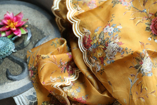 Eco - Friendly Digital Printed Mustard Basket Weave Organza Sari - WIIARIDNAMSS126 - Mood Shot