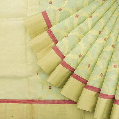 Handwoven Mint Green Royal Chanderi Silk Sari - WIIHSBHARIDNAM013 - Cover View