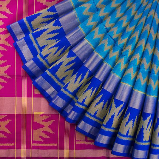 HANDWOVEN BLUE AND RANI PINK SINGLE IKAT SARI-WIIAJB287 128- Cover View