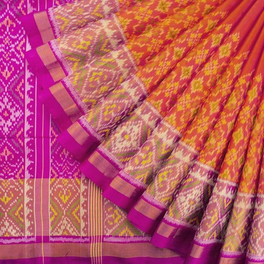 HANDWOVEN PINK AND ORANGE RAJKOT SINGLE IKAT PATOLA SARI-WIIPATANARIDNAM2980219A- Cover View